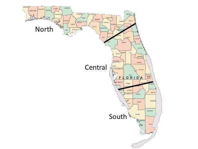 Florida's three climatic zones. Shaded areas represent general areas where subtropical and tropical fruit crops may be grown.