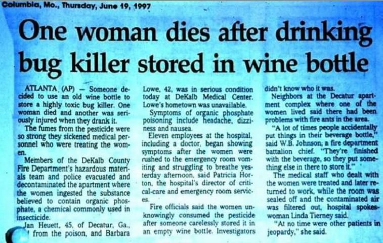 Figure 13. This news report provides an example of the hazard associated with use of an improper container for pesticide storage.