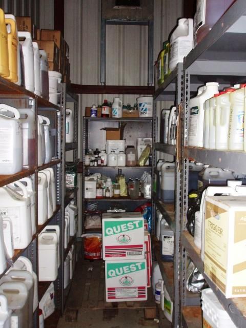 Figure 10. Store pesticides on metal shelving with the heaviest containers and liquids stored on the lower shelves.