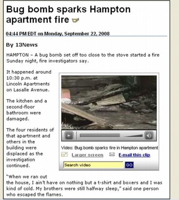 Figure 1. Media report of bug bomb causing a residential fire.