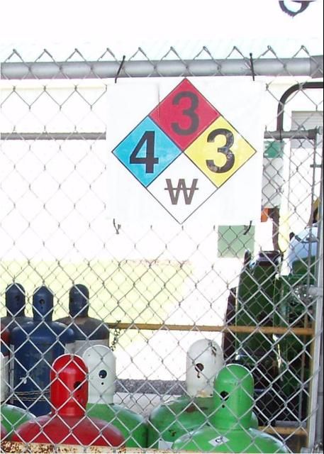 Figure 3. National Fire Protection Association warning at a fumigant storage site. The strikeover on the letter W in the white diamond alerts firefighters not to use water to put out a fire.