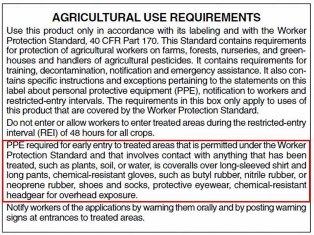 Figure 2. Típico EPP requerido para los trabajadores de entrada temprana de acuerdo a las instrucciones de la etiqueta.