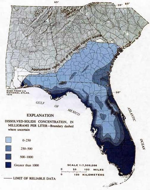 Figure 1. Dissolved solids concentrations of water from the Upper Floridan aquifer.