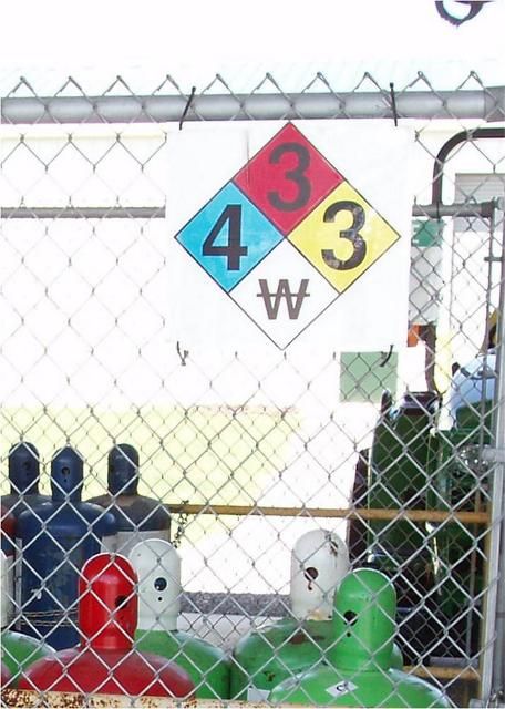Figure 1. NFPA warning at a fumigant storage site. The strikethrough on the letter W in the white diamond alerts firefighters not to use water to put out a fire.