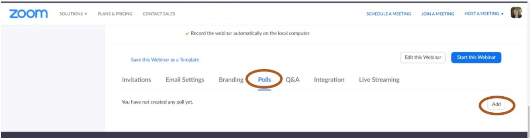 Figure 4. The poll tab is used to set up poll questions and answers. Note that in Zoom Meeting the options to the right of Polls are not available.