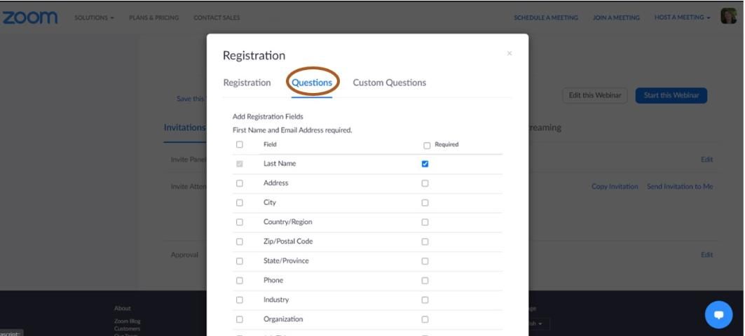Figure 2. In the registration pop-up, click on the questions tab to select categories asked at registration.