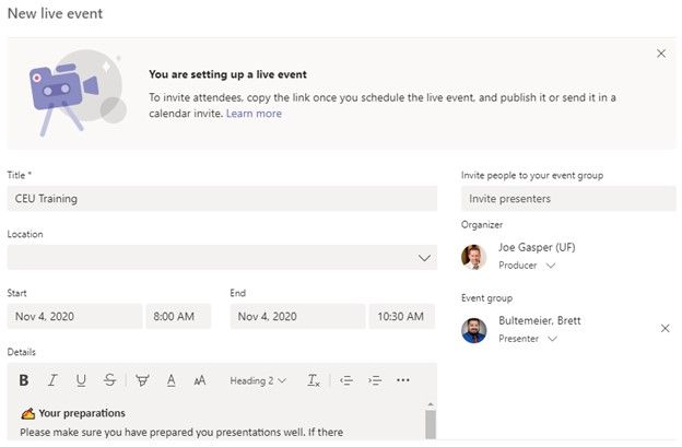 Figure 2. Scheduling of a live event starts with time, date, and presenter information.