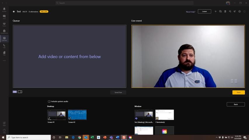 Figure 4. Producer view during a live event. This view is Live and participants see actual content ~30 secs after. This shows the alternate display mode for Teams (dark mode).