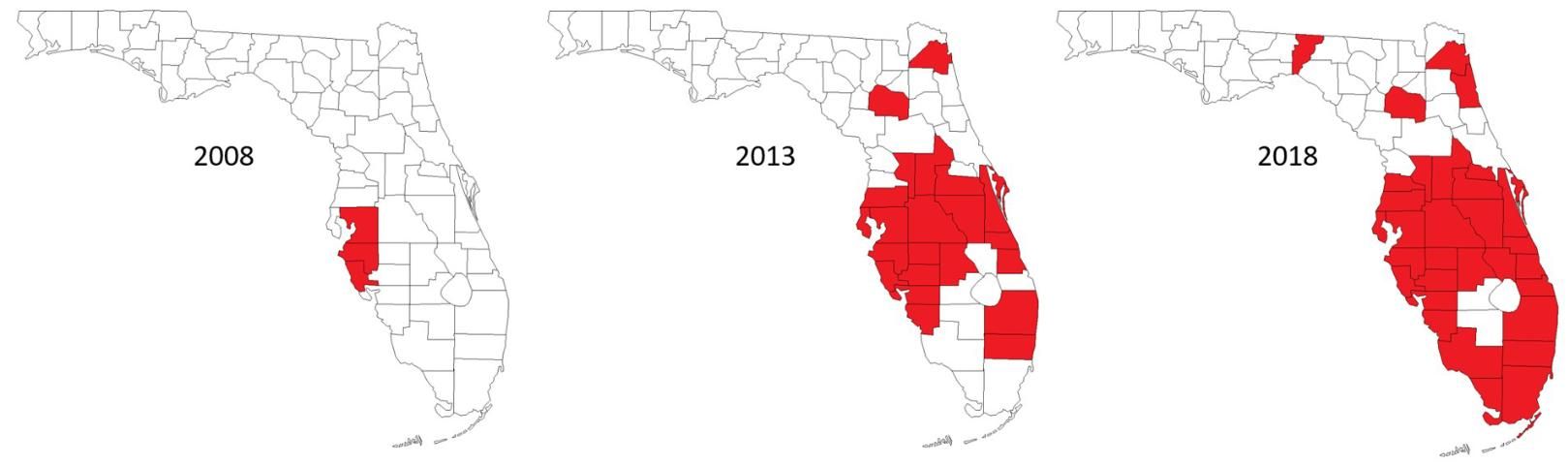 Figure 5. Historical and current distribution of LBD in the state of Florida.