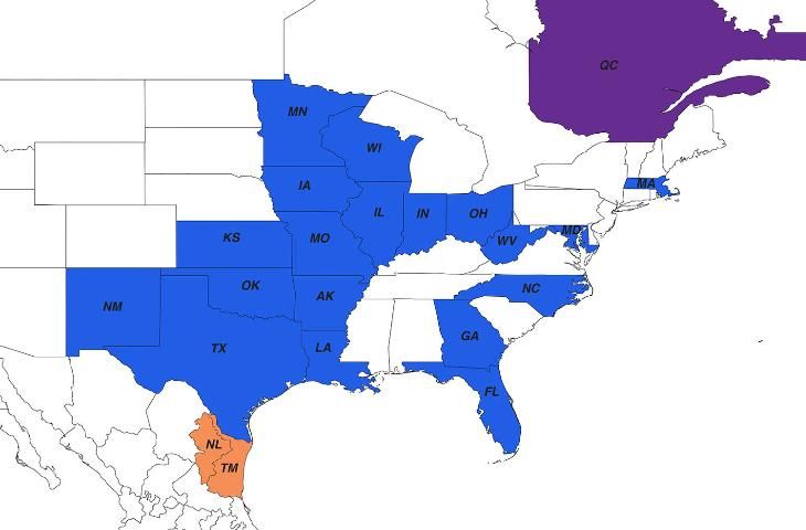 Figure 2. Map of the known distribution of the pecan truffle in North America. States within the United States that have known pecan truffle collections are colored in blue and shown with standard abbreviations. The Canadian province of Québec is shown in purple (QC) whereas the Mexican states of Nuevo Leon (NL) and Tamalpais (TM) are shown in orange.