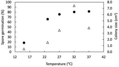 Figure 4. Effect of temperature on the percentage of spore germination (closed circle) and colony size (open triangle) of Neoscytalidium dimidiatum after incubating at different temperatures for 24 hours. The higher the temperature, the more spores germinate in 24 hours. Once germinated, the pathogen grows faster between 27℃ and 37℃, compared with that between 15℃ and 23℃. The optimum temperature for pathogen growth is around 32℃.
