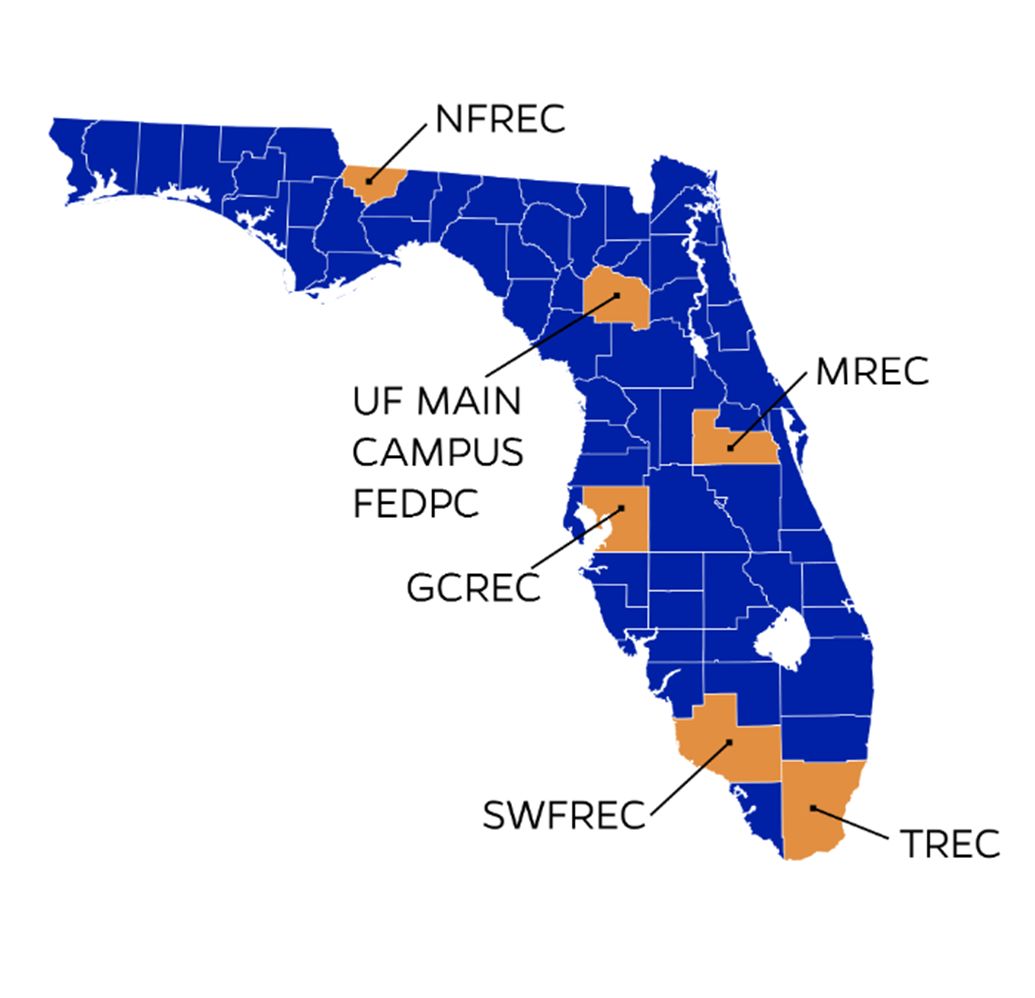 Map of Florida marking boundaries among counties and highlighting which counties have plant diagnostic clinics. NFREC in Gadsden County, UF Main Campus FEDRPC in Alachua, MREC in Orange, CGREC in Hillsborough, SWFREC in Collier, and TREC in Dade County. This is one per every district.