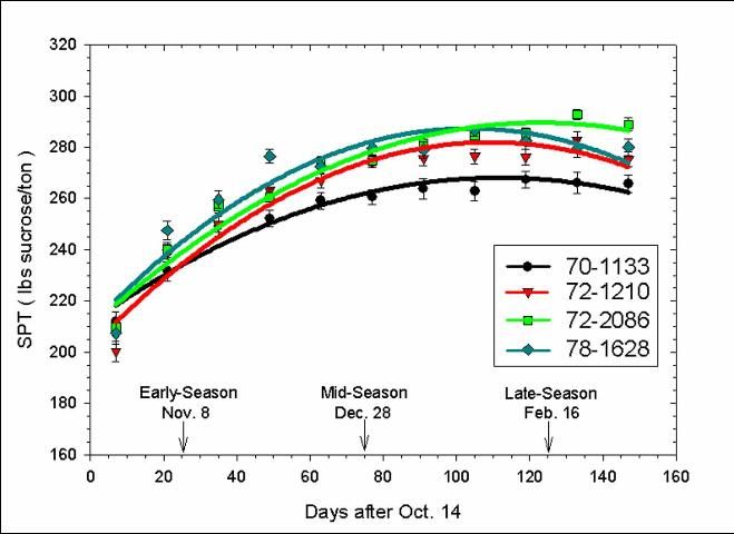 Figure 2. Sugar per ton (Y) versus harvest date (X) for CP clones 70-1133, 72-1210, 72-2086, and 78-1628.