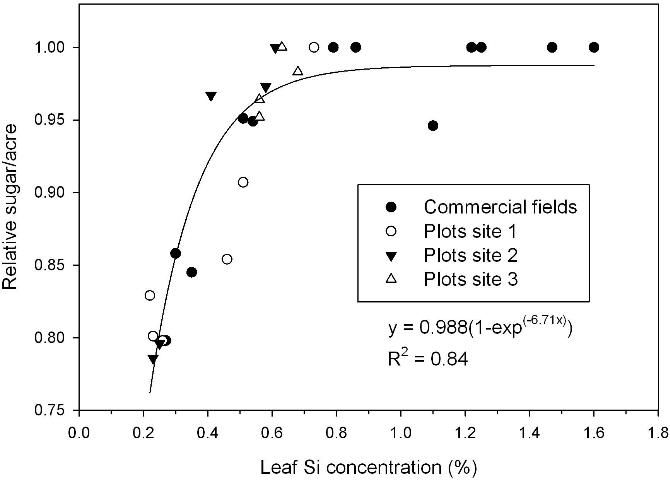 Figure 1. Relationship between relative sugar/acre (calculated from the tons sugar/acre response data) and leaf Si concentration for 2-yr means of plant and first ratoon crops of commercial field comparisons and small-plot tests of Ca silicate application.