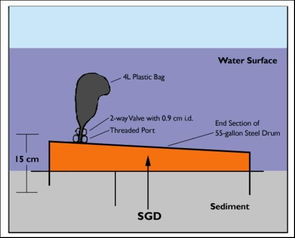 Figure 4. The seepage meter offers a simple, inexpensive method for measuring groundwater discharge into surface waters. This diagram shows the seepage meter placement in the sediments and its collection bag attachment.