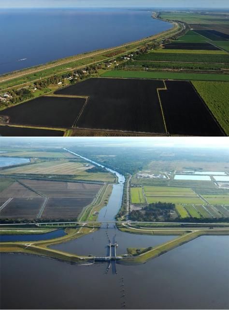 Figure 2. The Herbert Hoover Dike (above left) now surrounds Lake Okeechobee, except for an area on the west side where water flows into the lake from Fisheating Creek. Water control structures, (above right) move water into or out of the lake.