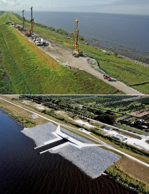 Figure 5. The US Army Corps Herbert Hoover Dike Rehabilitation Project, begun in 2007, includes installation of concrete cut-off walls in the center of the earthen dike (top photo) as well as repair or replacement of the inflow/outflow structures (bottom photo).