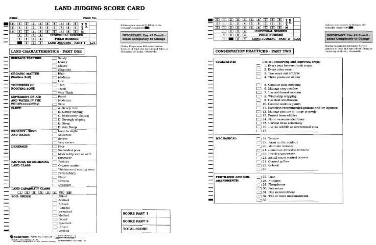 Figure 1. Example of the land judging scorecard (front and back) used in the Florida 4-H/FFA Land Judging Contest.