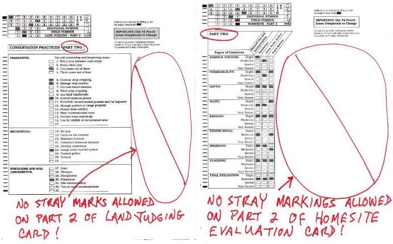 Figure 7. No markings, other than the filled-in rectangles in the header and answer areas, are allowed whatsoever on part two of the land judging (left) or homesite evaluation (right) scorecards.