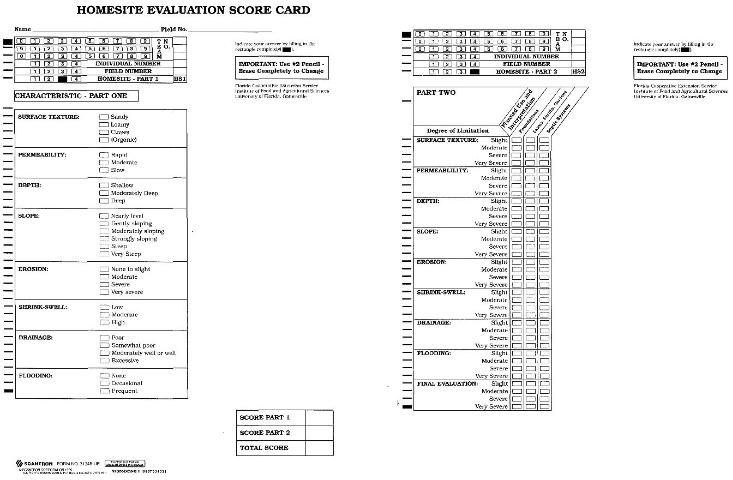 Figure 2. Example of the homesite evaluation scorecard (front and back) used in the annual Florida 4-H/FFA Land Judging Contest.