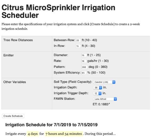 Figure 3. Display of irrigation schedule provided by FAWN Citrus Microsprinkler Irrigation Scheduler using grower provided information.