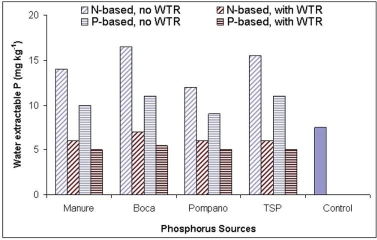 Figure 1. Effect of phosphorus sources (Boca and Pompano are 2 types of biosolids. P sources applied at N-based-, and P-based rates) and WTR amendment (10 tons/acre) on water extractable phosphorus saturation (WEP) of the A horizon (0–5 cm depth) of the soil samples in a field study.