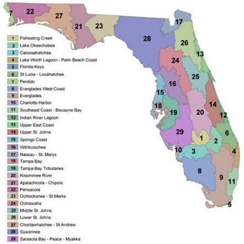 Figure 6. Major identified watersheds in Florida at HUC-8 level.
