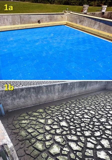 Figure 1. Clean tile bed for drying Class B biosolids (1a) and dried biosolids (1b).