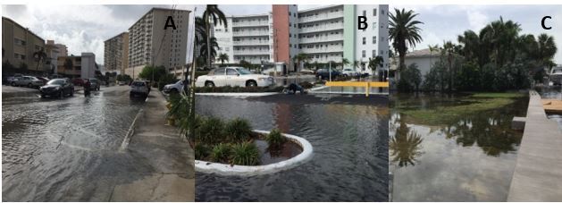 Figure 6. The 2017 King Tides bubbled up into parking lots (A-B) and overtopped seawalls (C) in Hallandale Beach (Broward County, FL). Since then, some adaptation measures have been taken to reduce the impacts of tidal flooding, which are expected to increase with SLR.