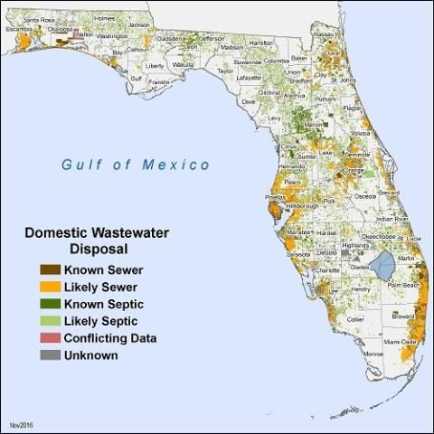 Figure 1. Florida map showing domestic wastewater disposal methods. Areas with septic systems are shown in green.