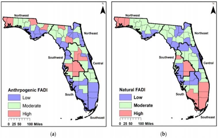 Figure 2. Florida Arsenic Distribution Indices (FADIs): (a) anthropogenic source and (b) natural source. The colors represent levels of contribution of anthropogenic sources or natural sources for soil As.