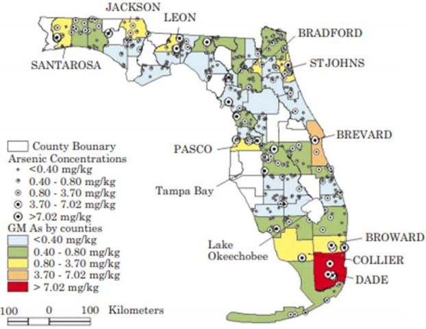 Figure 1. Map of arsenic concentrations in Florida surface soils. The red color was indicative of the highest As values, not elevated human risk.