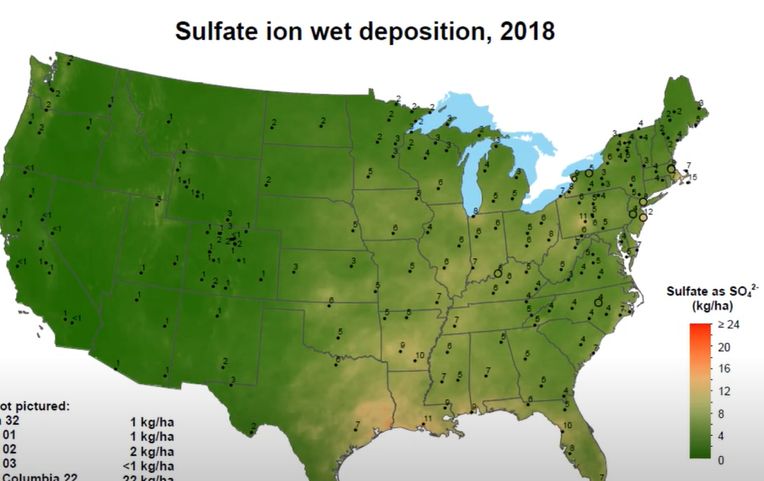 Wet S deposition across the United States in 2018.