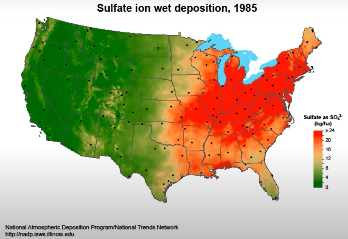 Wet S deposition across the United States in 1985.