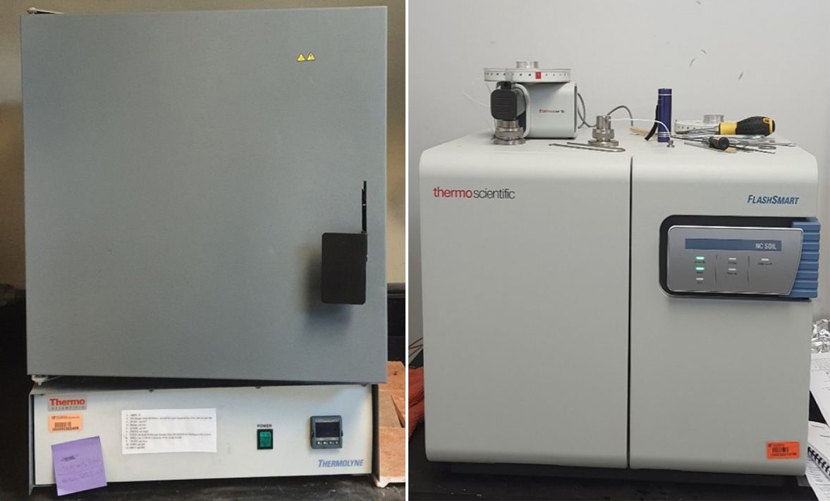 Incinerator for measuring C (left) and Dry Combustion Elemental C Analyzer (right).
