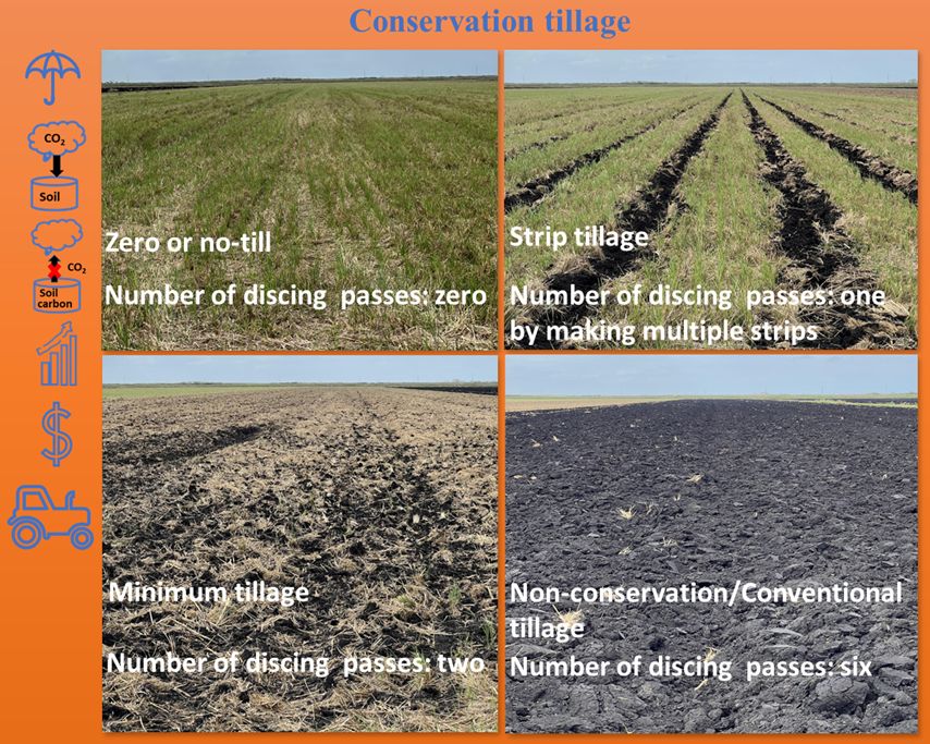 Three ways of conservation tillage: zero or no-till, strip tillage, and minimum tillage. Conventional tillage is not conservational. Icons are present for the following soil conservation benefits: soil cover, carbon sequestration, oxidation reduction, improved health and growth, save and make money, and soil compaction reduction.