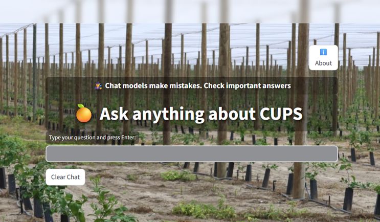 Main screen of CUPSchat in a web browser. Text on figure says: "Chat models make mistakes. Check important answers. Ask anything about CUPS. Type your question and press Enter."