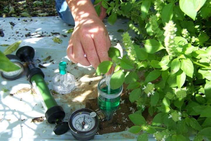 Figure 13. Servicing a tensiometer in the field; purging bubbles from water column.