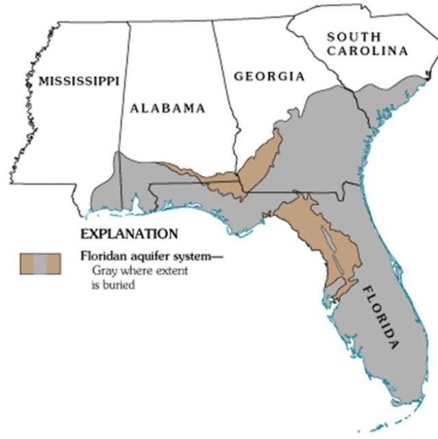 Figure 5. Map of Floridan Aquifer System. Areas in brown are where the Floridan Aquifer can be found at the surface; at these locations, groundwater may flow to the surface in features called 