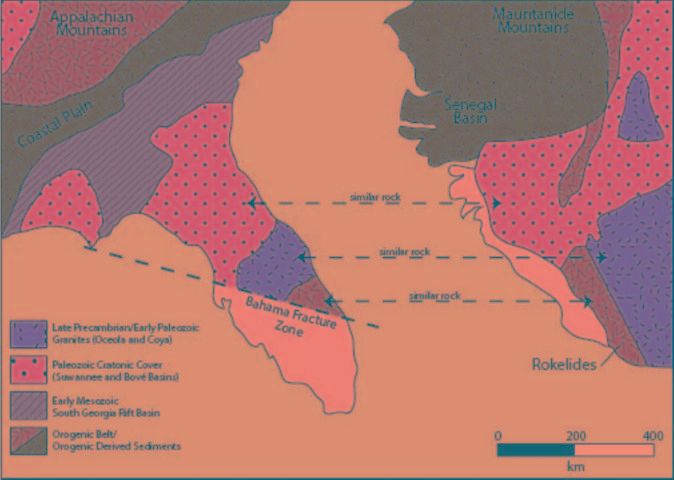 Figure 2. The composition of Florida's basement rock is similar to that seen in Africa. Each colored pattern represents a different rock composition.