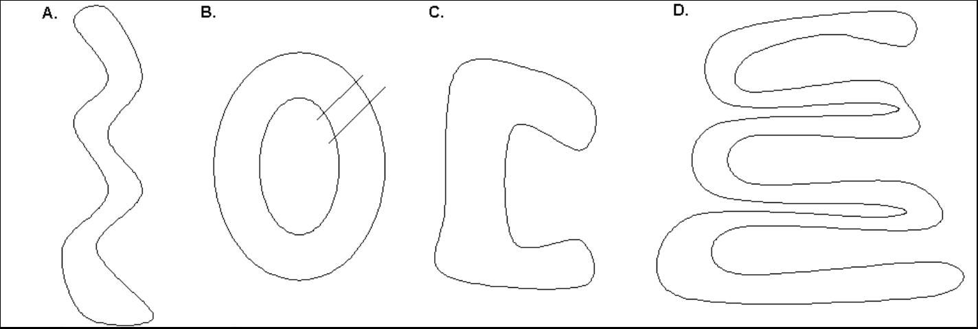 Figure 4. Examples of shapes for constructed waterbird nesting islands: A. Sinuous and skinny would provide increased edge effect needed for visibility of predators by the birds. B. Doughnut-shaped would provide more edge than a solid circular shape while maintaining a low-disturbance area in the center. A canal would allow water to inner area to prevent problems associated with stagnant water (e.g. mosquito breeding). C. Ear-shaped with vegetated center area would increase the edge-to-area ratio but would allow increased accessibility to maintain vegetation. D. Coil-shaped, which is extremely sinuous and has many loops, would also result in increased edge effect. This shape could easily be created with a dragline or conveyor belt.