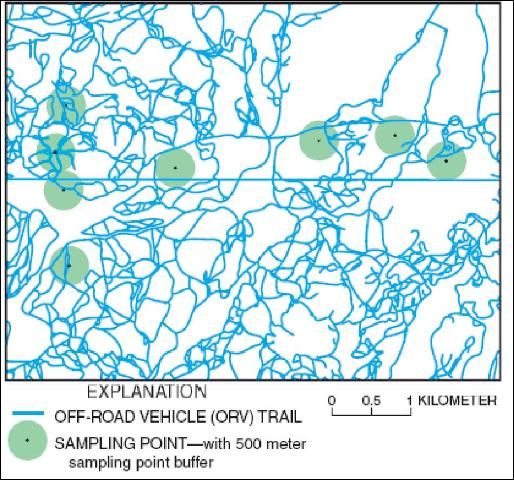 Figure 7. Eight sampling points with a surrounding 500-meter buffer. The blue lines are off-road vehicle (ORV) trails, and the length of ORV trail segments within the green circles is the basis of the ORV index.