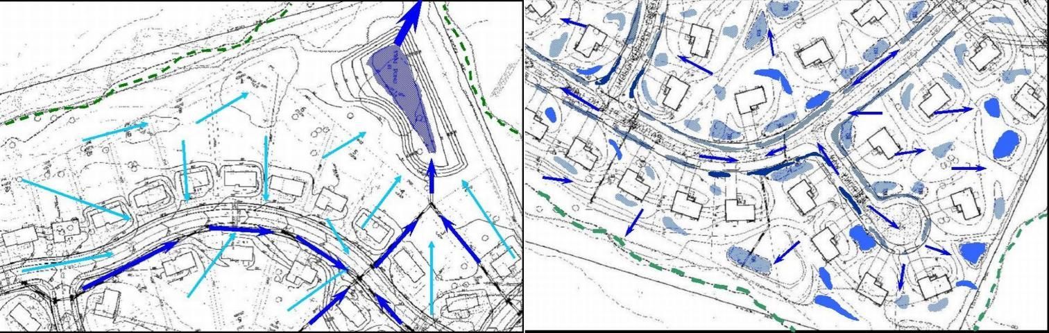 Figure 1. Centralized (left) stormwater management scheme vs. decentralized (right), LID scheme