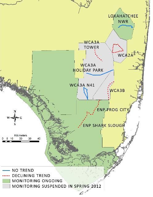 Figure 1. Trends in alligator abundance from 2003–2012 on state lands (gray areas) and 2003–2013 on federal lands (green areas). ENP = Everglades National Park, NWR = National Wildlife Refuge, WCA = Water Conservation Area.