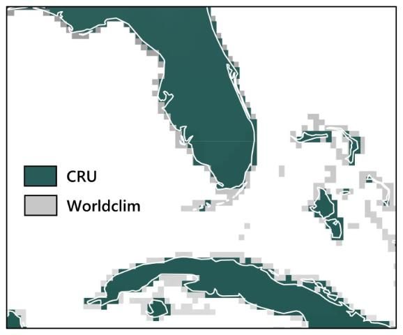Figure 2. Example of differences in spatial coverage in southern Florida, Cuba, and the Bahamas, between two grid-based contemporary climate data sets, Climate Research Unit (CRU) and WorldClim.