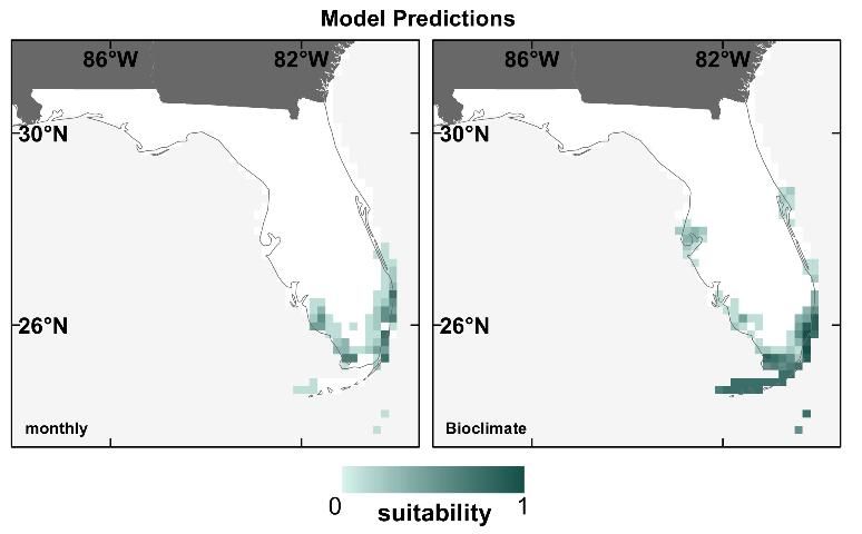 Figure 6. Present time period SDM prediction maps for models built using monthly climate variables (left) and bioclimate variables (right) for the American crocodile, with greatest discrepancies in suitability found in extreme southern Florida and the Florida Keys.