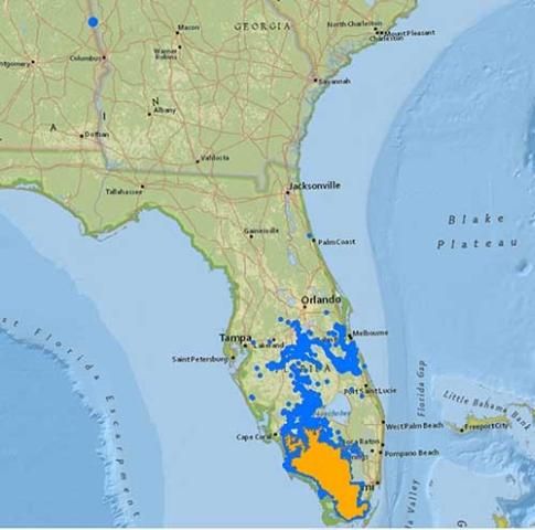 Figure 2. Map of known panther occurrences and breeding range. Blue represents all known occurrences of Florida panthers, and orange represents the area where most panther breeding occurs.