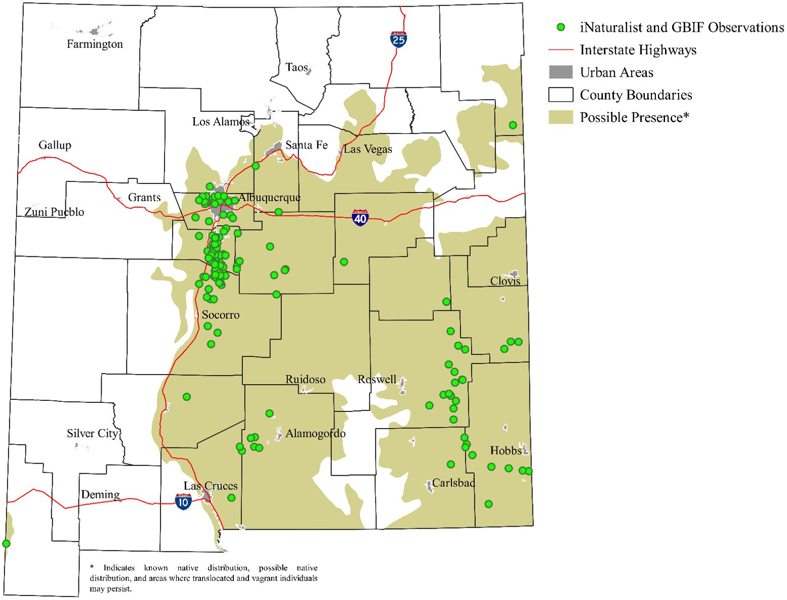 Observations and projected distribution of the western massasauga in New Mexico. 