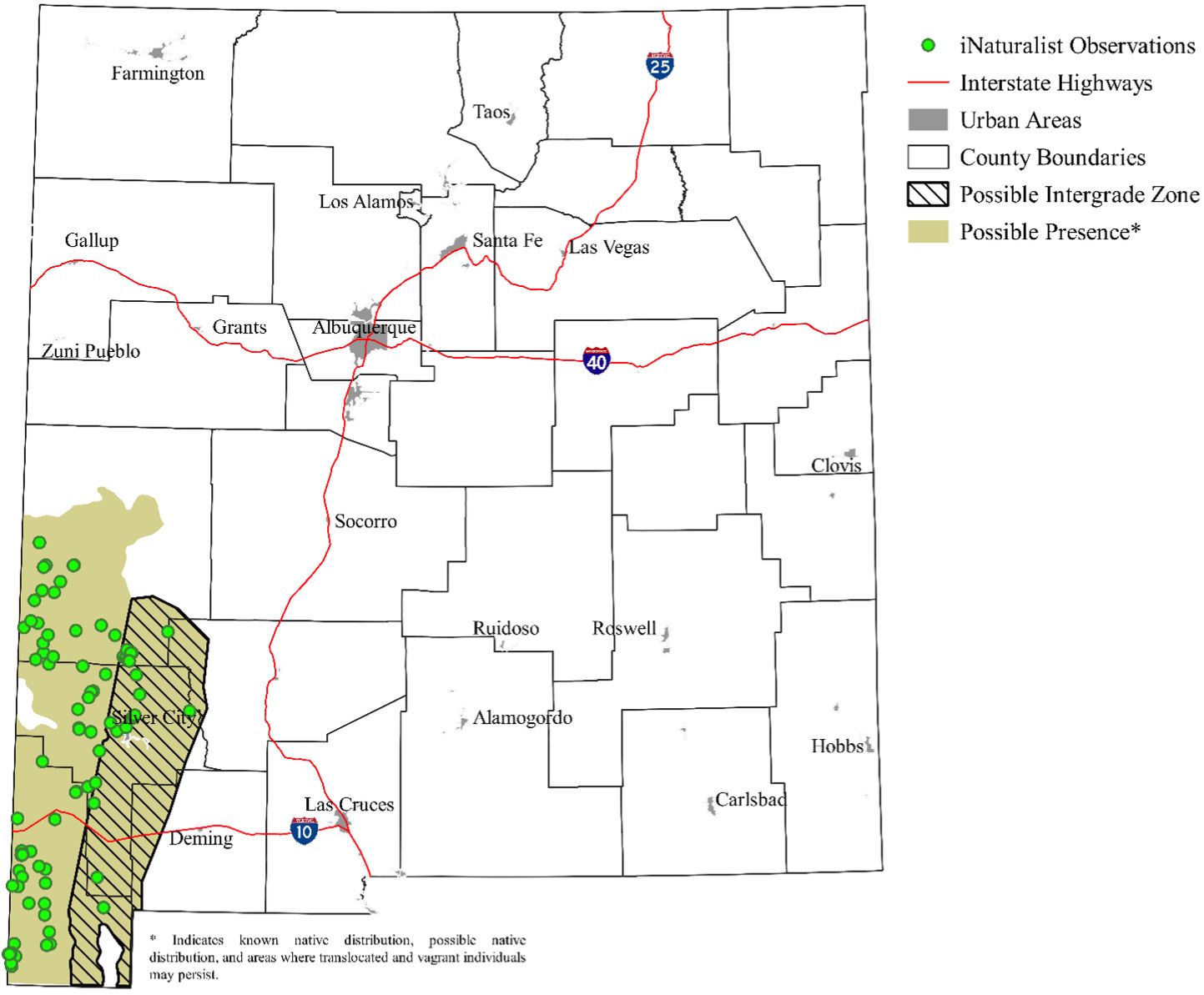Observations and projected distribution of the northern black-tailed rattlesnake in New Mexico. The possible intergrade zone in southwestern New Mexico is an area where the two species of black-tailed rattlesnakes may hybridize. 