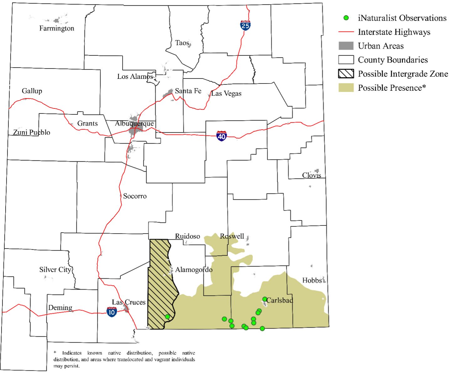 Observations and projected distribution of the mottled rock rattlesnake in New Mexico. Western Otero County, where the two subspecies potentially meet, is a potential intergrade zone (an area where the two subspecies are potentially interbreeding).